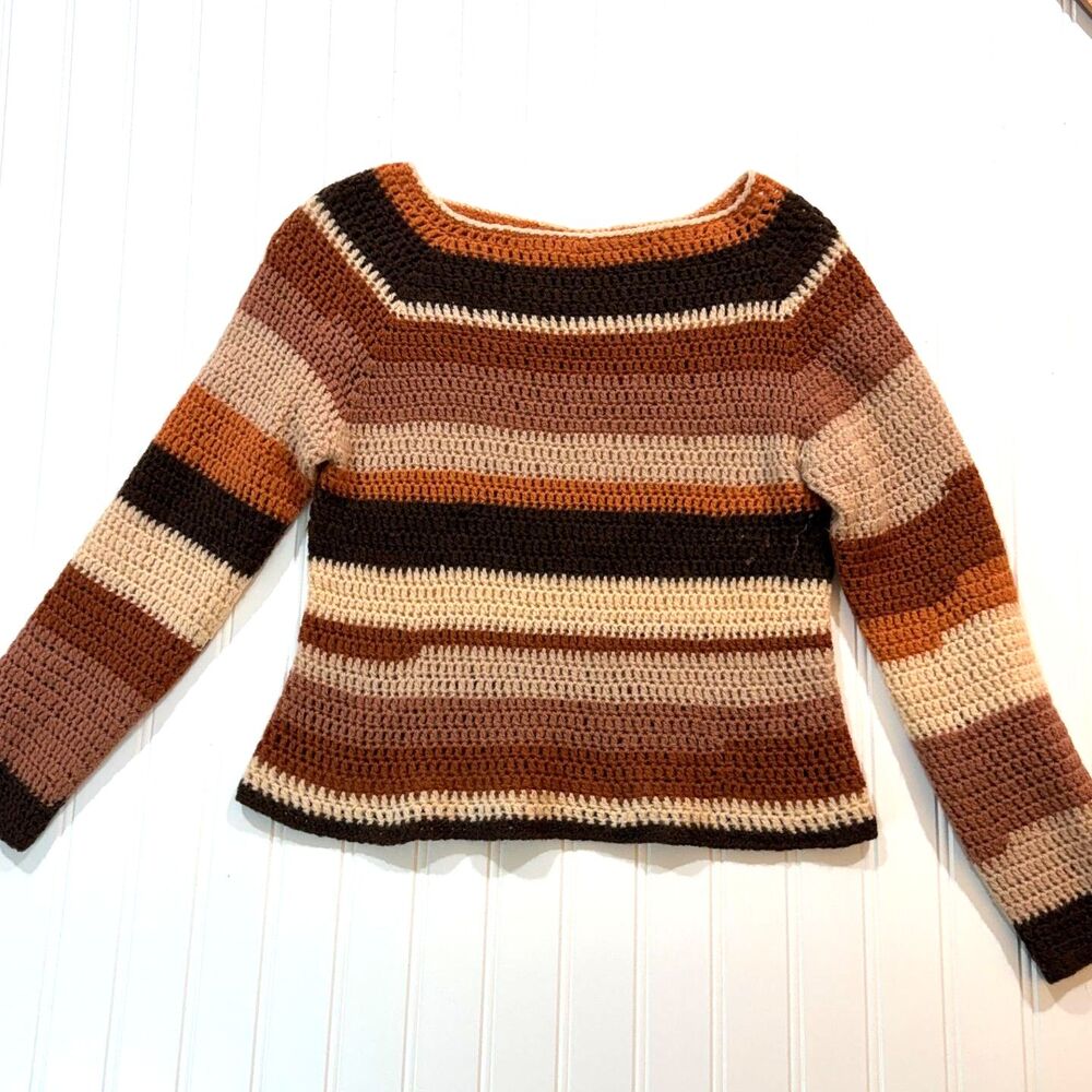 Handmade Crochet Striped Sweater Earth Tone Boho Fairy Grunge Knit Crop Top S